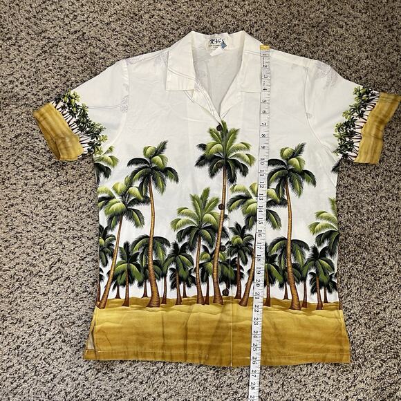 Vtg KY'S Hawaiian Cotton Button Up Camp Shirt  Beach Palm Tree Graphic 70s 80s S - Picture 7 of 7